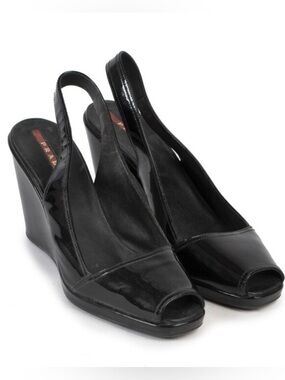 Prada Black Patent Slingback Peep-Toe Wedge Pumps